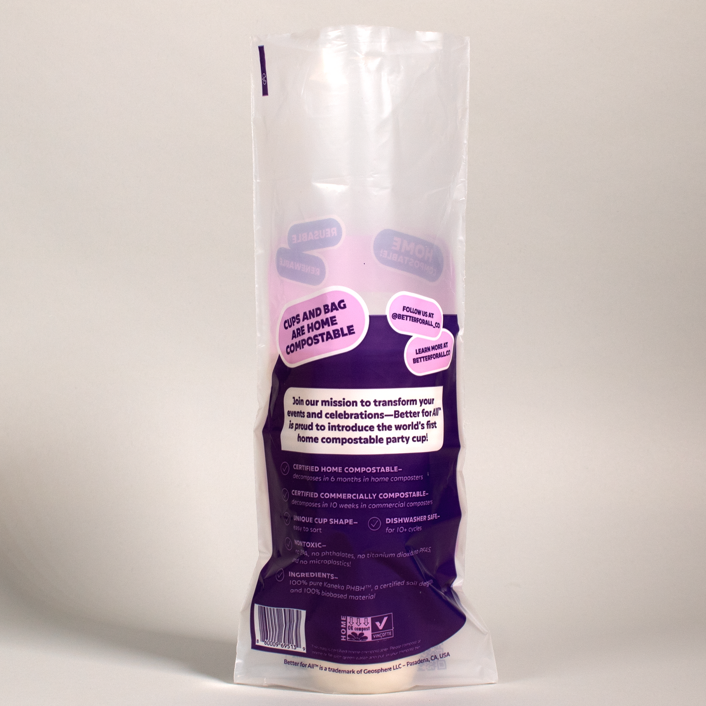 8 oz Better for All cups, 18 cups in a sleeve, back of sleeve