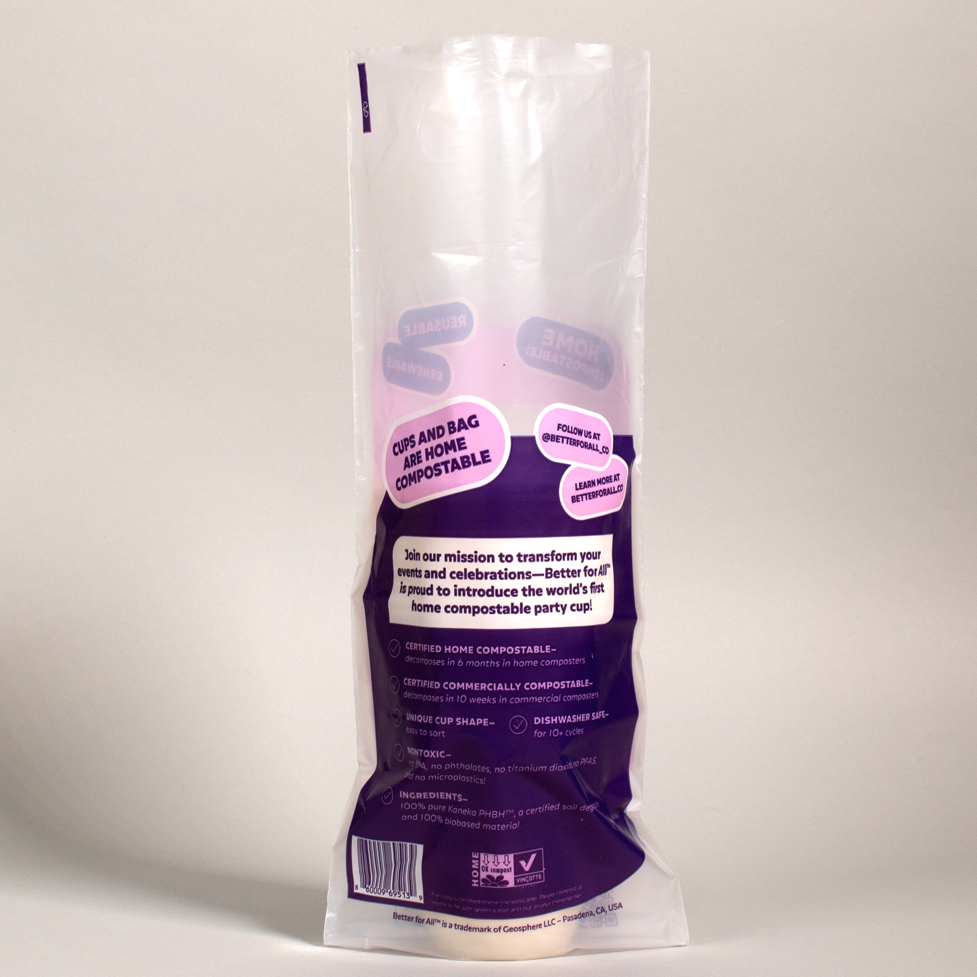 8 oz Better for All cups, 18 cups in a sleeve, back of sleeve